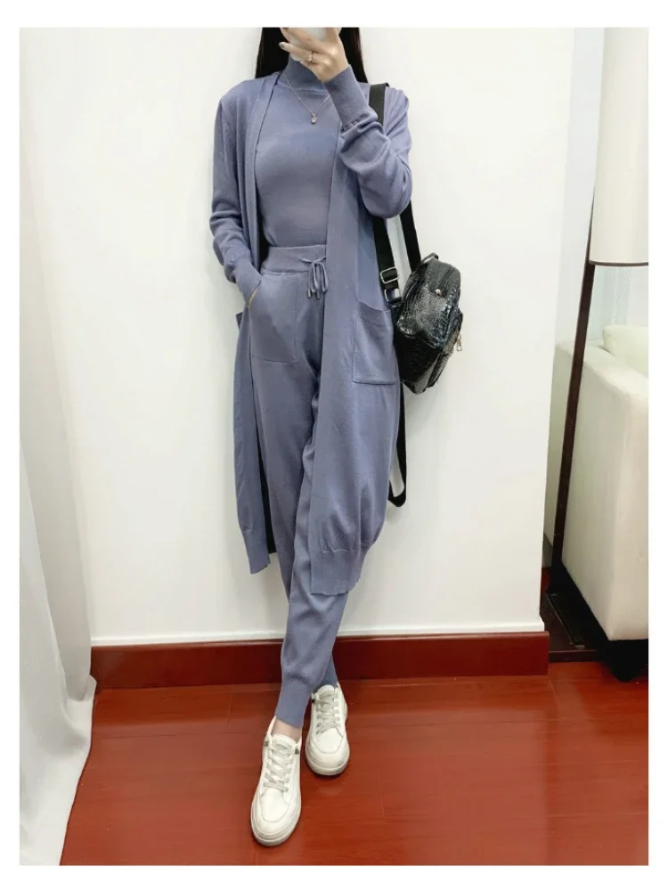 Winter Frauen Gestrickte 3 Stück Set Muslimischen Casual Verdicken Langen Mantel Kleid Pullover Mantel + top + Hose 3 stücke Anzüge Warme Set Abaya 2026