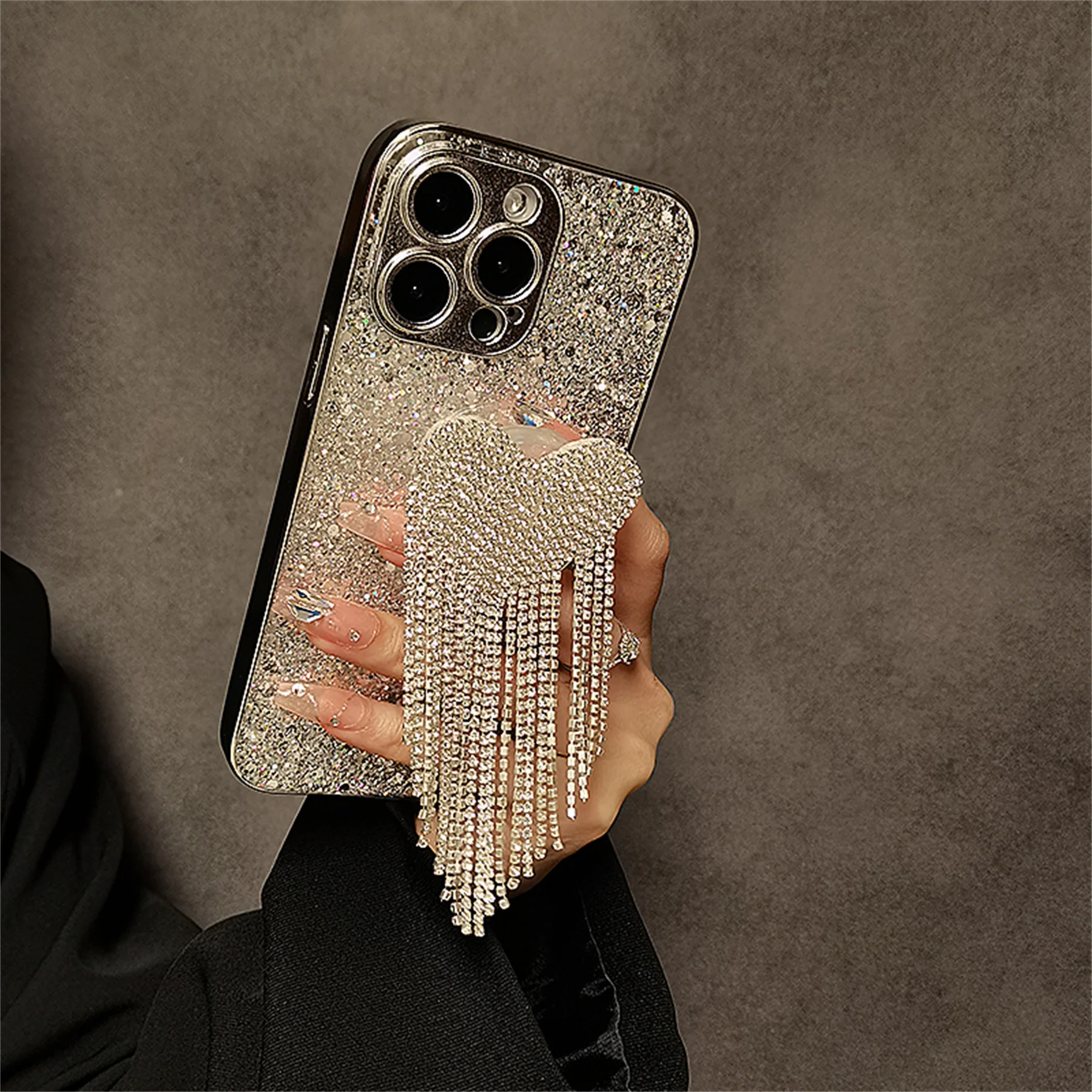 Luxury Korean Glitter Rhinestone Love Heart Tassels Bracket Shiny Drop Glue Case For iPhone 15 14 13 12 16 Pro Max Cover Funda