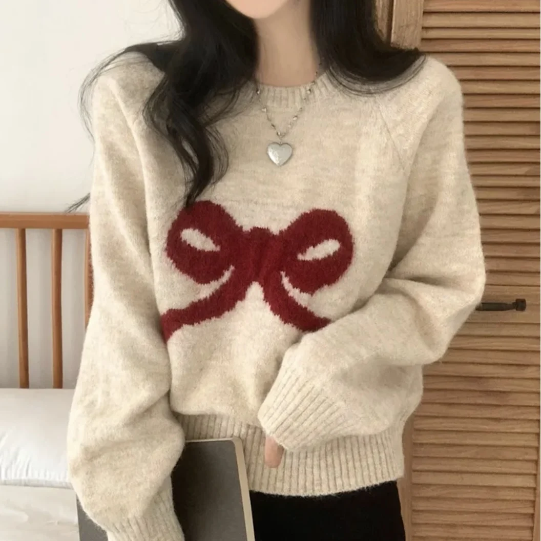 Elegancki damski sweter z dzianiny o luźnym kroju, z uroczym węzłem, w stylu lazy, miękki, przytulny, idealny na jesień i zimę, nowość, modny top dla kobiet...