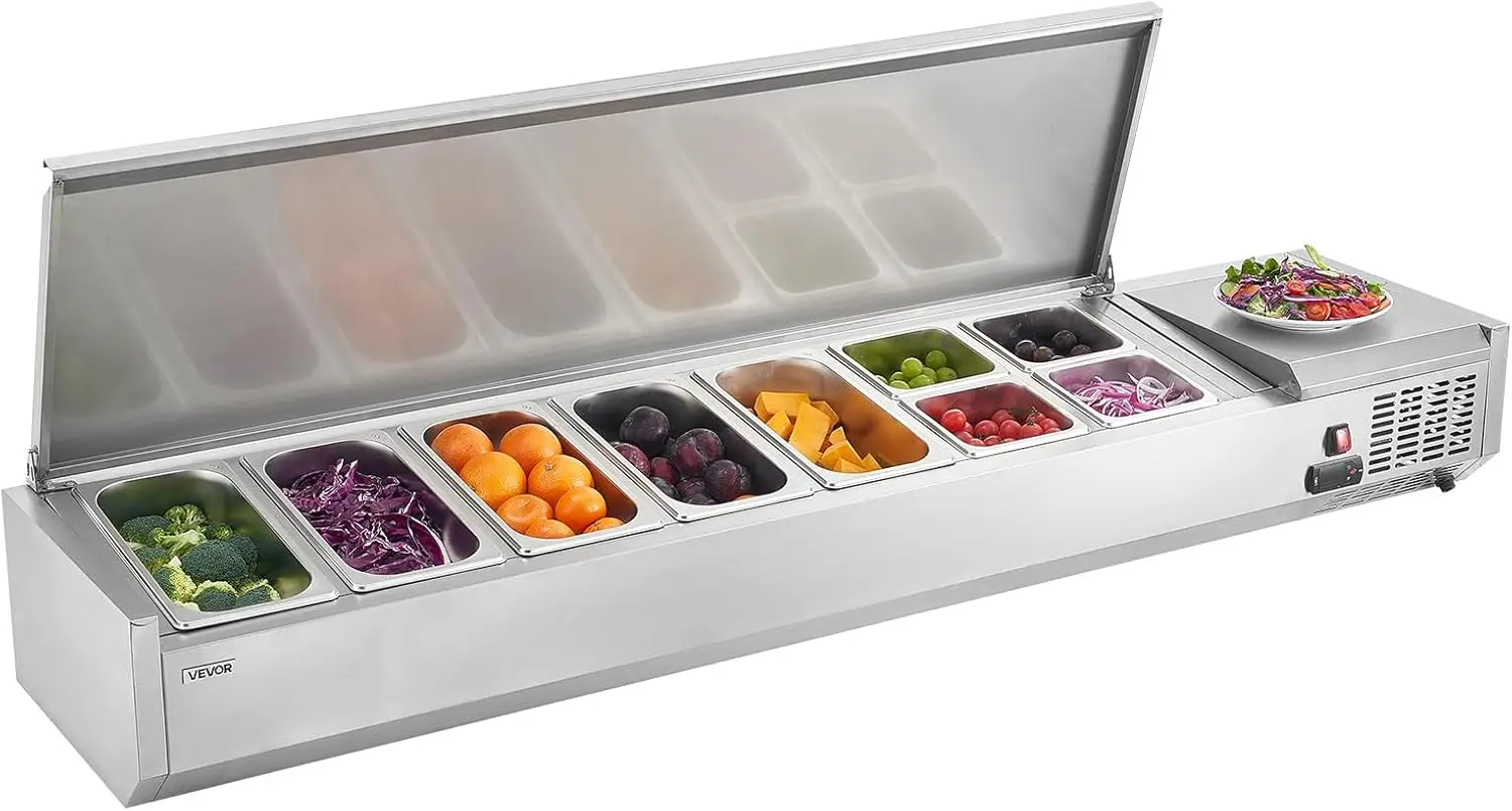 

Refrigerated Condiment Prep Station, 140 W Countertop Refrigerated Condiment Station, with Five 1/3 Pans & Four 1/6 Pans, 304