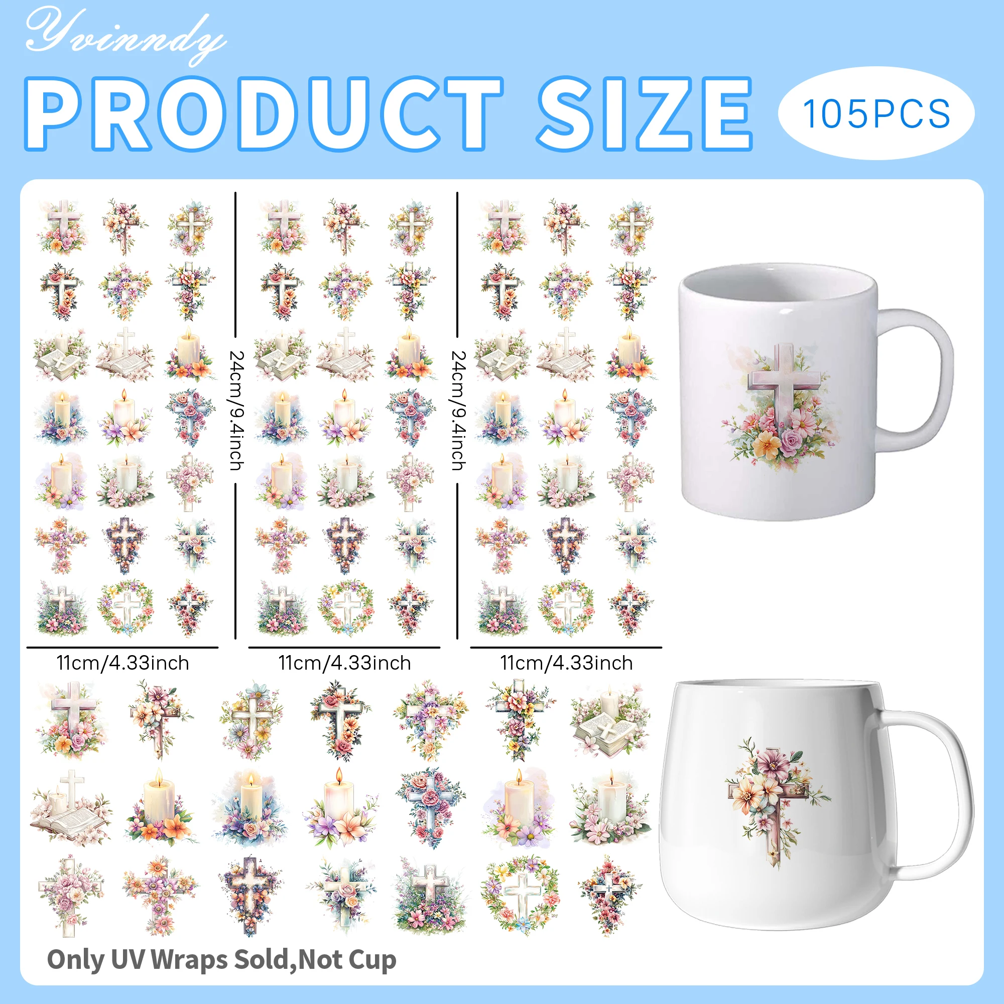 105Pcs/Set Religious belief flower decoration UV DTF DIY Craft Kits with Crystal Label 16oz Glass Jars Wrap Stickers