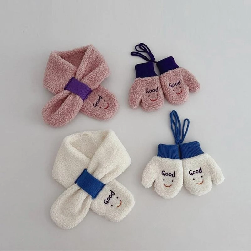 N80C Cartoon Winter Warm Thick Plush Kids Full Finger Gloves Scarf set Warm & Stylish Child Mittens Scarf set Durable
