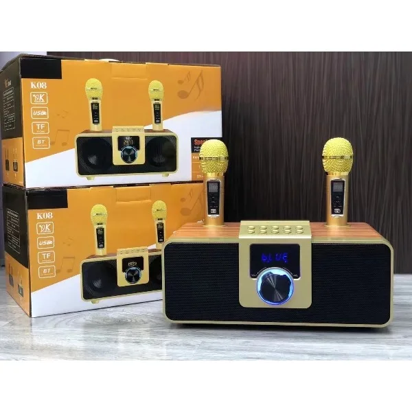 New Vintage K08 Duo Chorus Karaoke Family Karaoke For, Wireless Microphone Bluetooth Audio Wooden Subwoofer