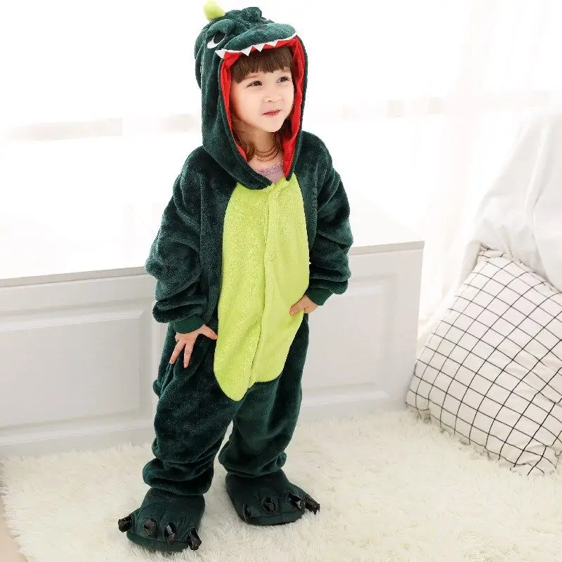 Kids Onesies Boys Girls Green Dinosaur Pajamas Flannel Sleepwear Nightwear Animal Cosplay Costume Halloween Party Funny Outfits