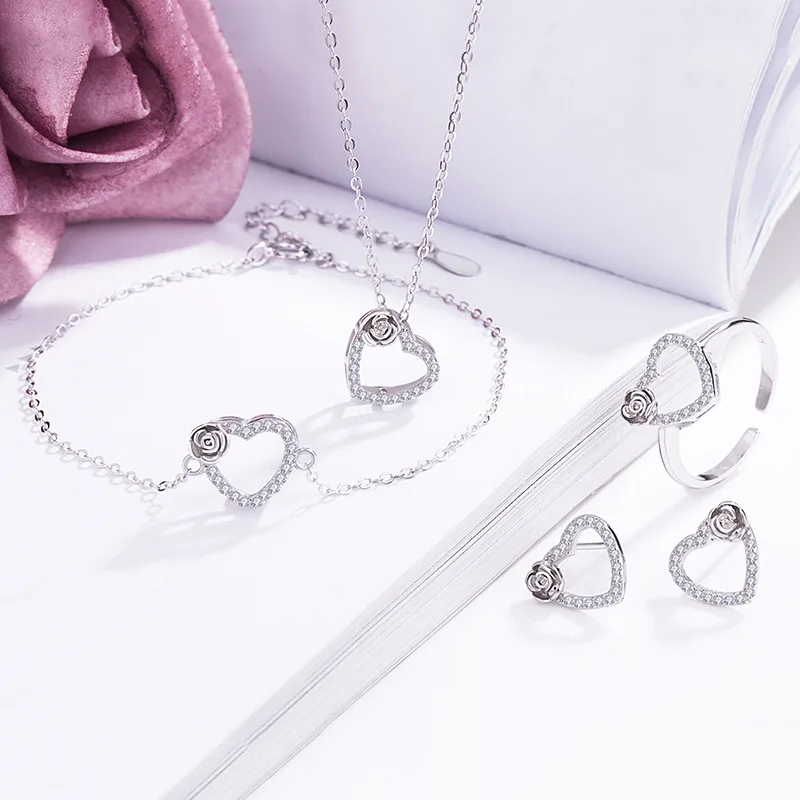 

925 Sterling Silver Rose Shape Rin Earring Bracelet Necklace Jewellery Set