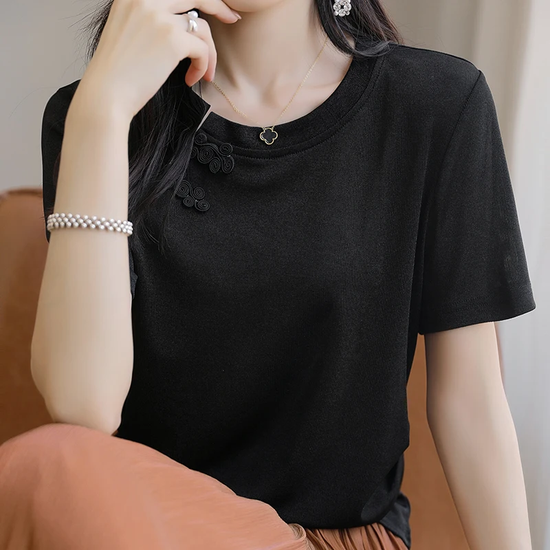 New Chinese Light National Style Ice Silk Short sleeved T-shirt for Women's Spring/Summer Solid Color Large Size Slimming Loose