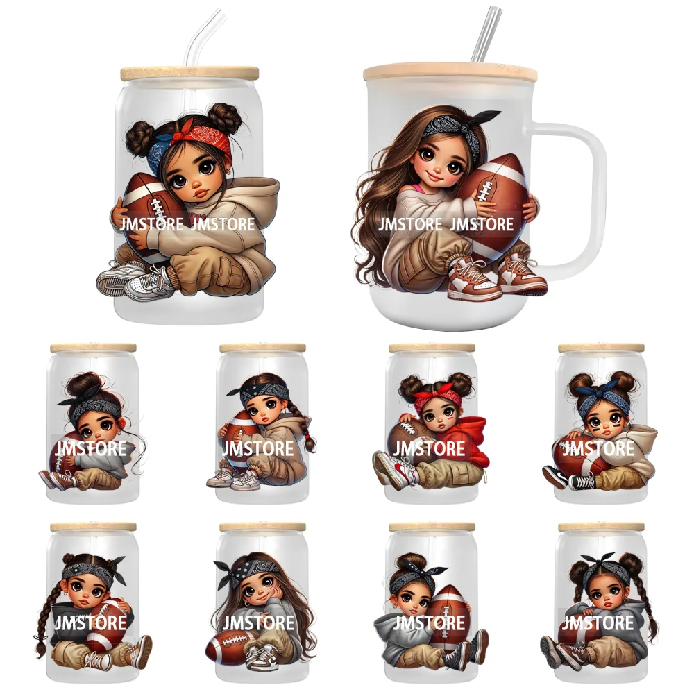 Cute Latina Baby Girl American Football UV DTF Cup Decals Ready To Apply Transfer Stickers Durable For Libbey Glass Can Tumbler