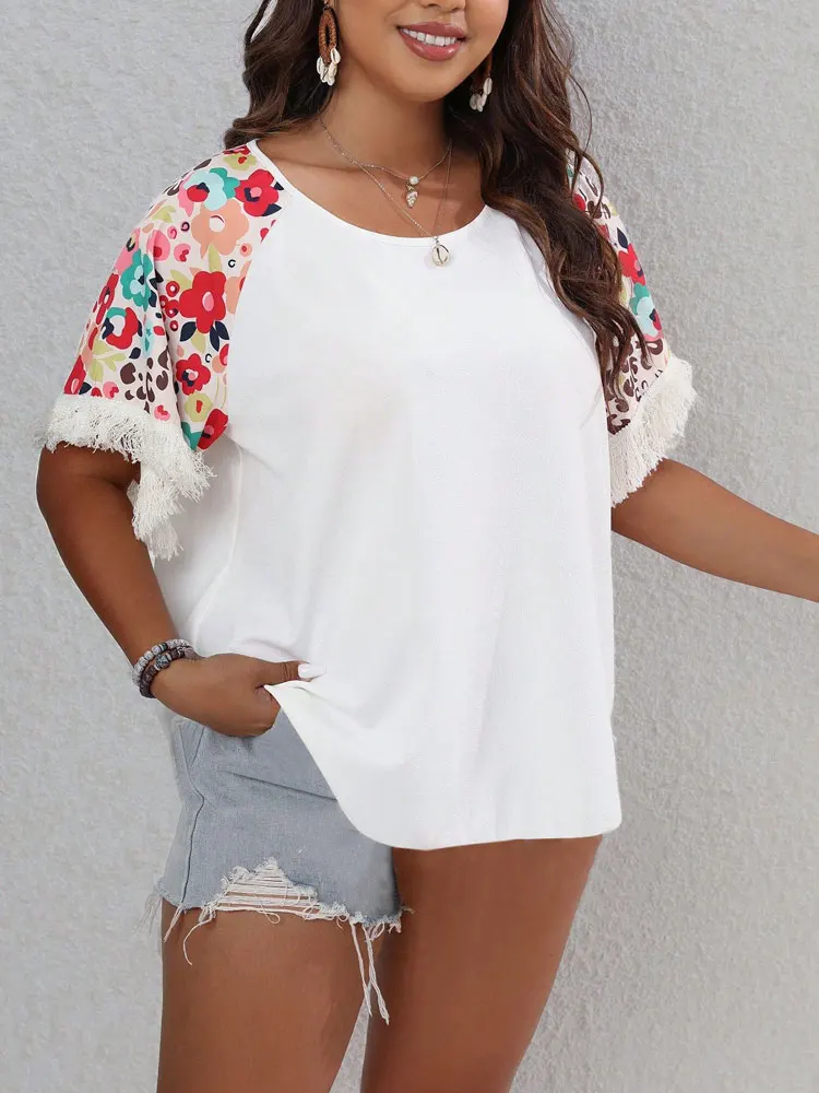 Women's Short Sleeve Floral Graphic T-Shirt Elegant Polyester Blouses with Tassel Curvy and Youth, Summer O-Neck Plus Size, 2023