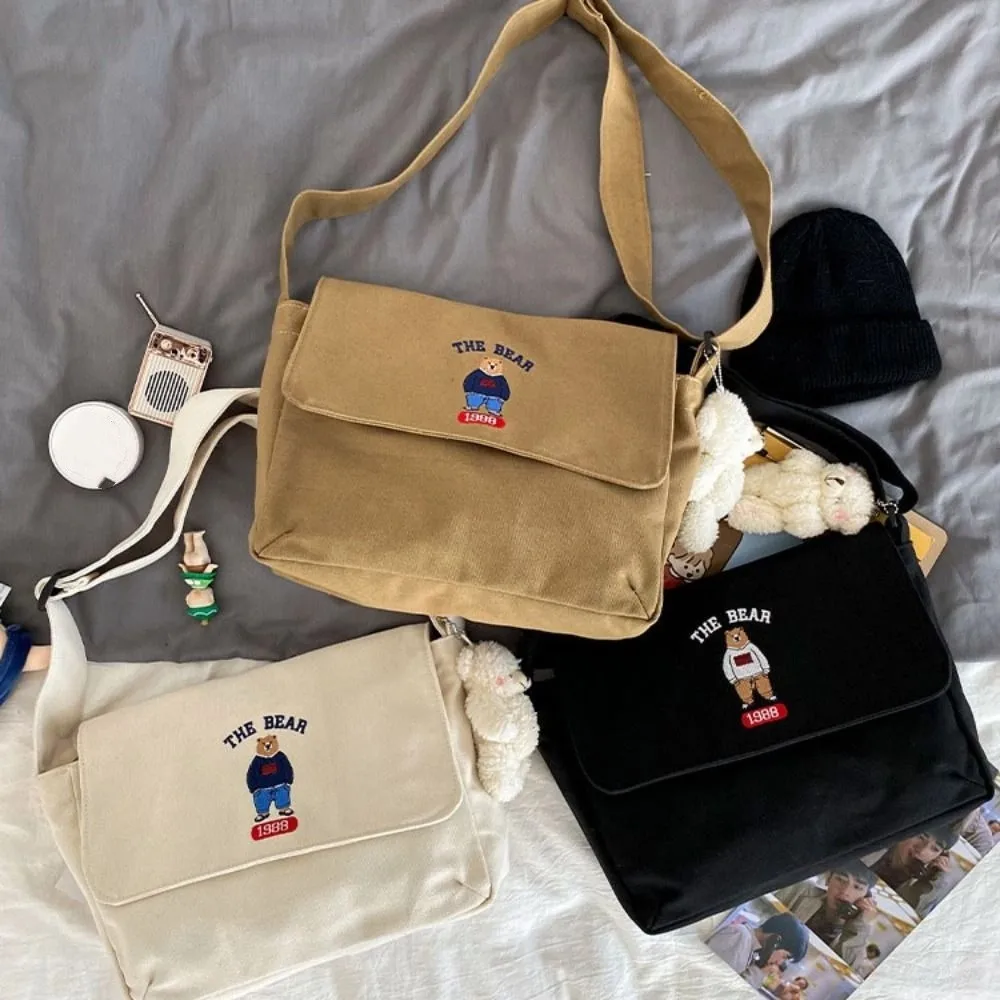 

Simple Canvas Embroidery Bear Shoulder Bag Japanese Style Large Capacity Cartoon Tote Bag Cute Crossbody Bag Outdoor