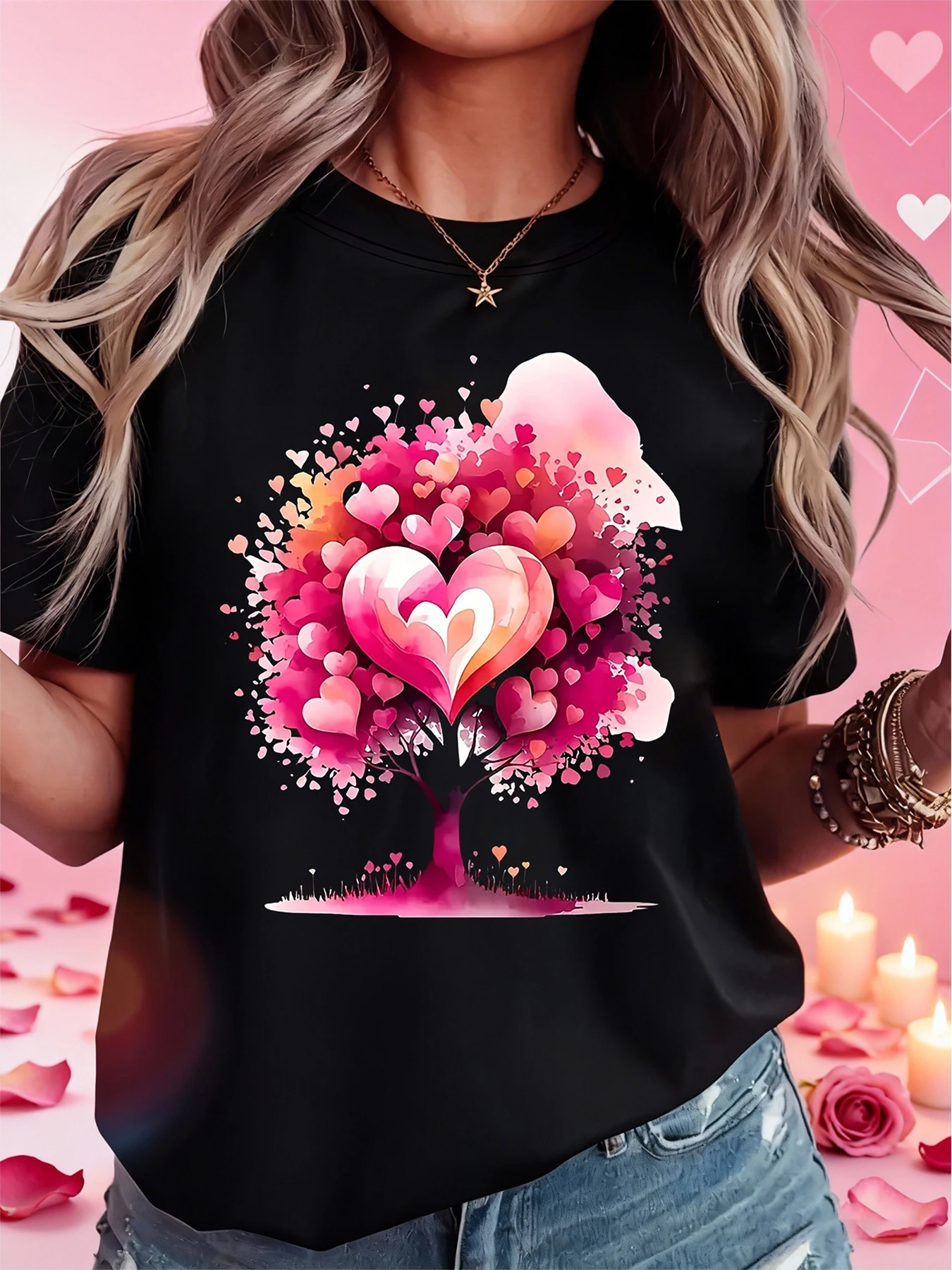 

Valentine's Day Women's Short Sleeve T-shirt Heart Tree Graphic Print Crew Neck Casual Daily Tee For Summer & Spring