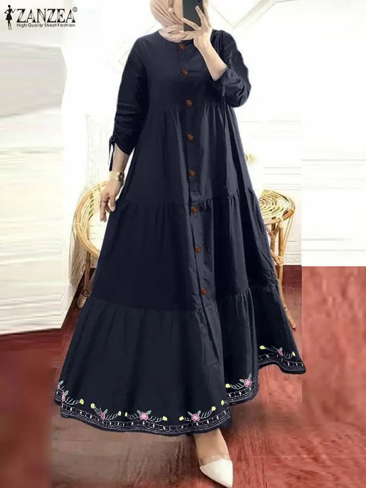 ZANZEA Muslim Button Up Vestidos Women Elegant Long Sleeve Printed Hem Abaya Robe Islamic Hijab Autumn 2024 Tiered Maxi Dress