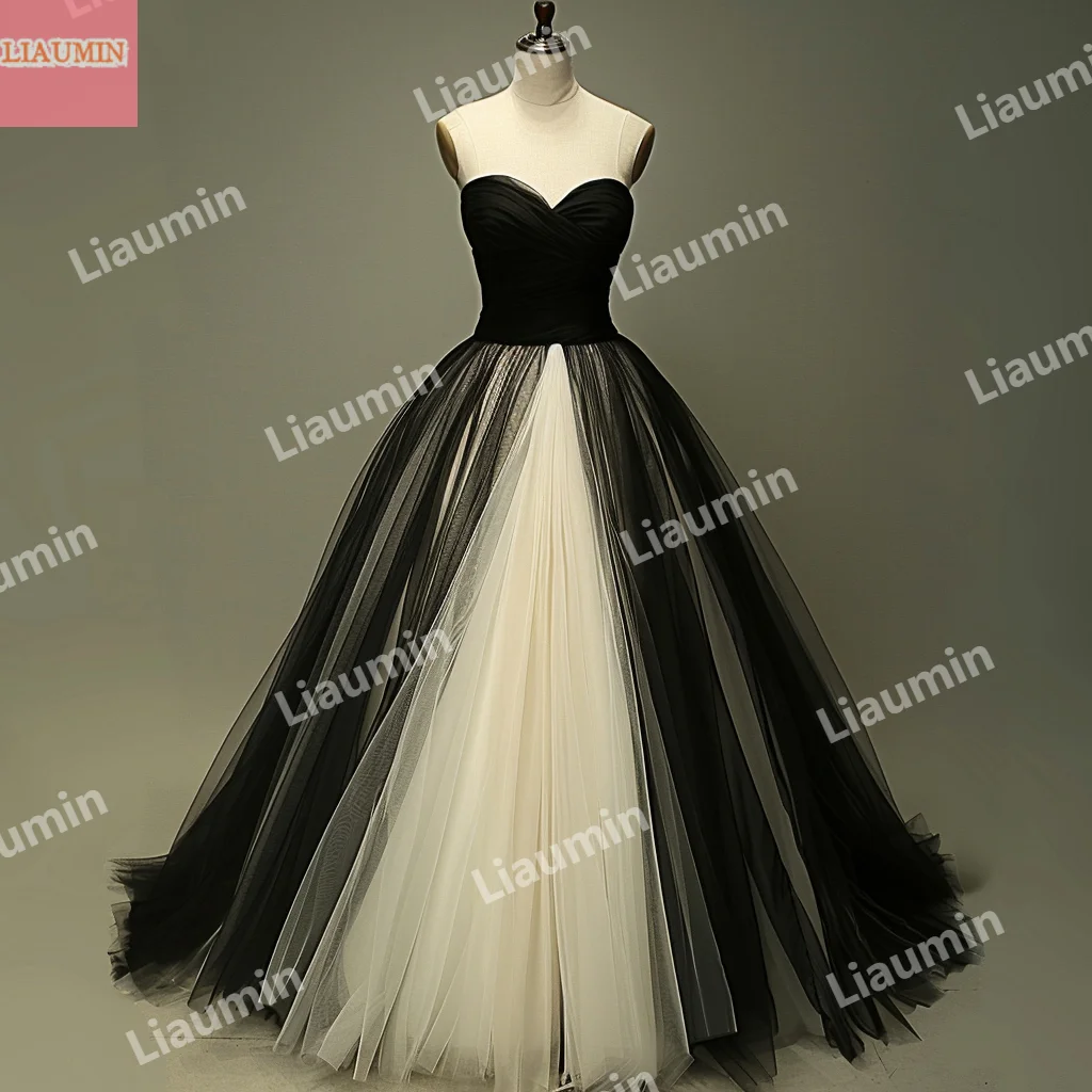 New Simple Custom Made Ivory And Black Tulle Prom Dress Elegant Strapless Evening Prom Dresses Formal Stunning Dress W15-47.1