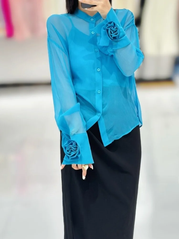 

Silk Chiffon Women's Shirt Summer 2024 Elegant Drifting 3D Flower Half Transparent Top French Style Slim Fit Long Sleeve Butt...