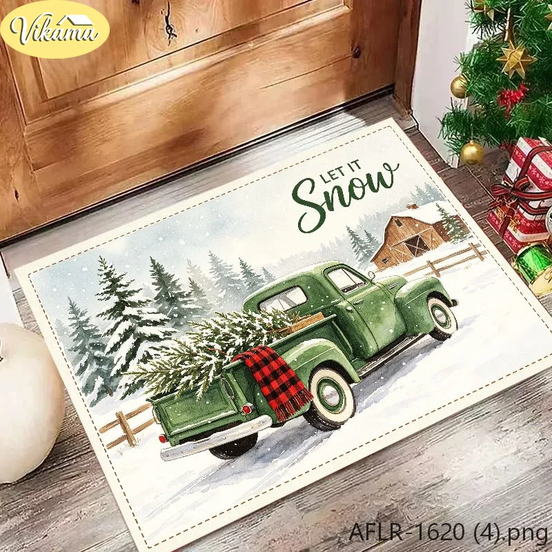 VIKAMA Retro Green Truck Christmas Rug Non Slip Absorbent Indoor Outdoor Entry Mat Indoor Area Rug Home Decor Cozy Festive