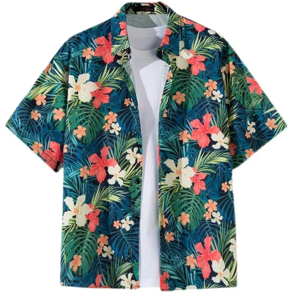 Hawaiian Beach Men's Short Sleeve Shirt Plant Print Pattern Men's Short Sleeve Lapel Casual Shirt Fashionable Tops Casual Shirt
