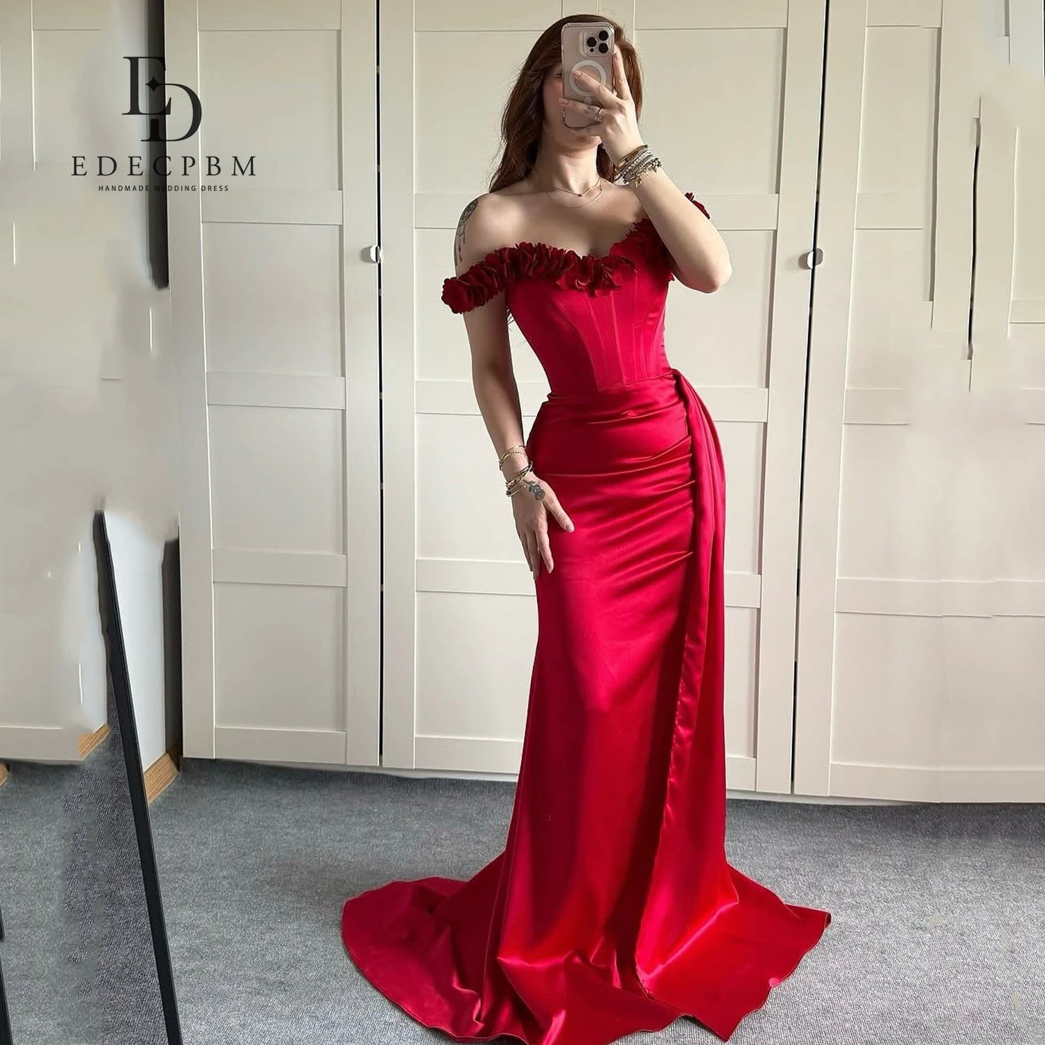 

EDECPBM Mermaid Women Evening Dress Woman Customized Luxury Luxury Evening Dresses for Special Occasions Red Off-shoulder Satin