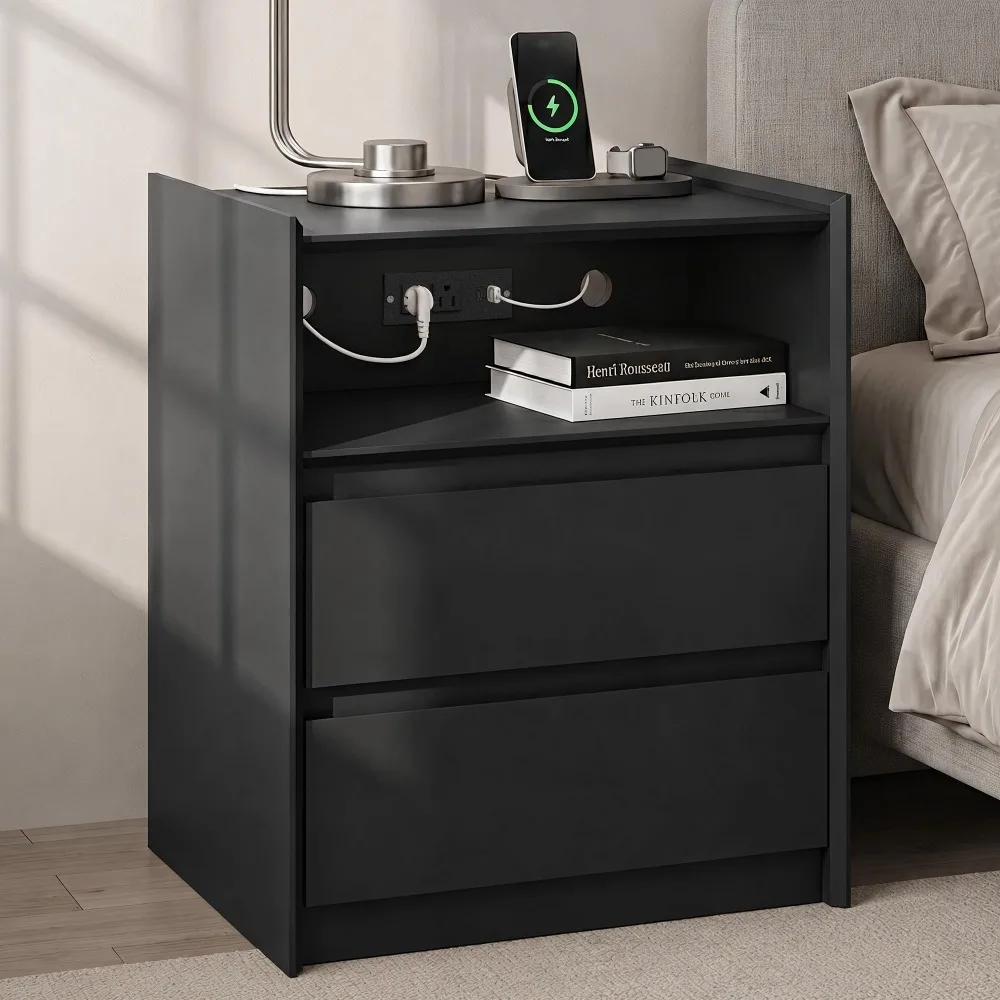 Black Nightstand with Charging Station, 24