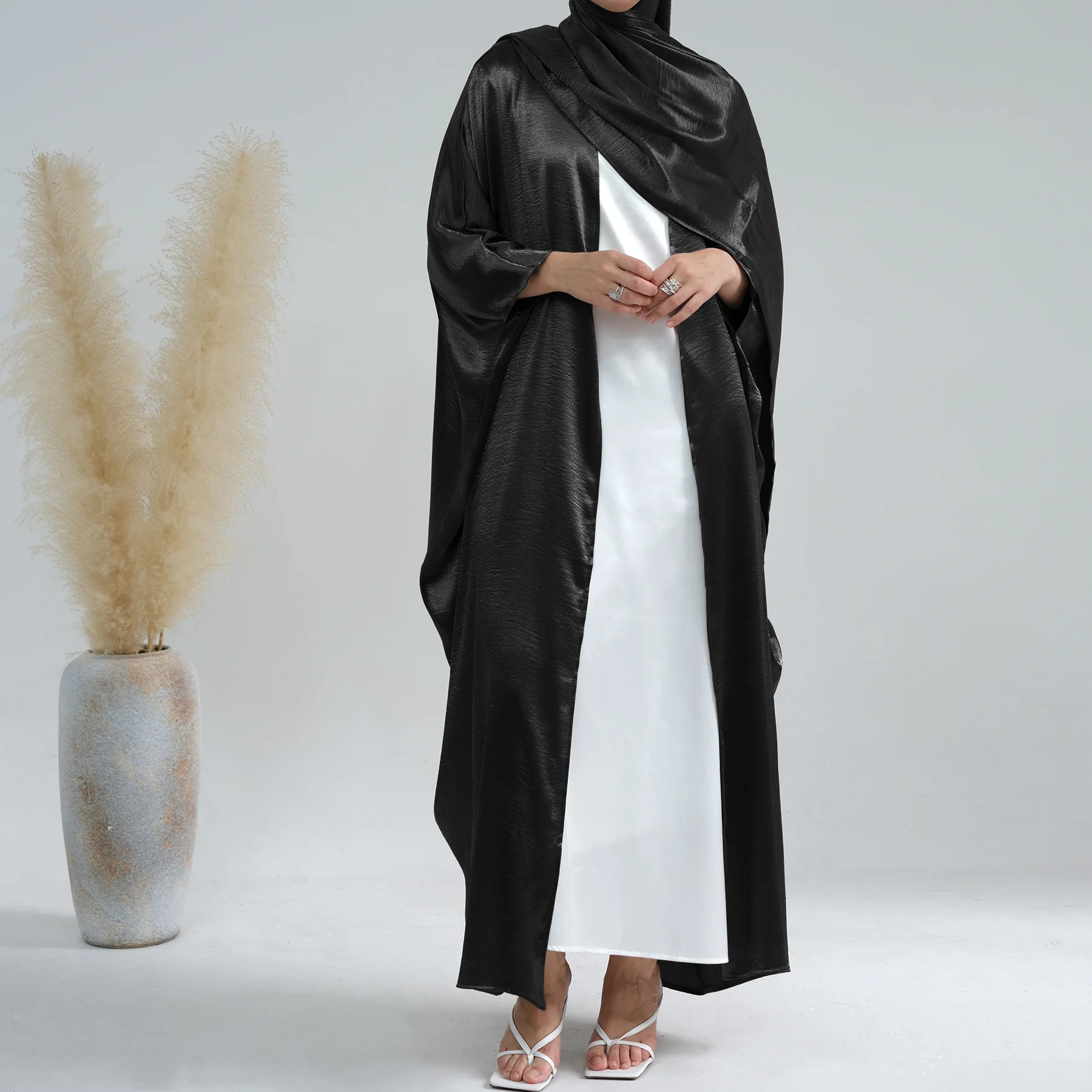 

Eid Open Abaya Plain Crinkle Satin Islamic Clothing Muslim Dubai Hijab Kimono Abayas Women Ramadan Modest Kaftan Party Cardigan