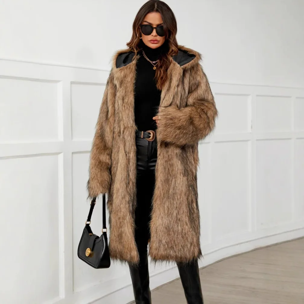 

Windproof Winter Women's Faux Fox Fur Coat Fluffy Hooded Eco Fur Coat For Lady Temperament Long Female's Artificial Fur Coat