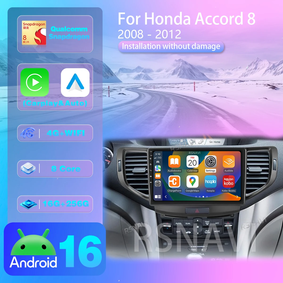 Radio Multimedia para Auto RSNAVI Android 16 para Honda Accord 8 2008-2012, Autoradio con Carplay, Auto DSP, Reproductor Multimedia, Plug and Play, Snapdragon