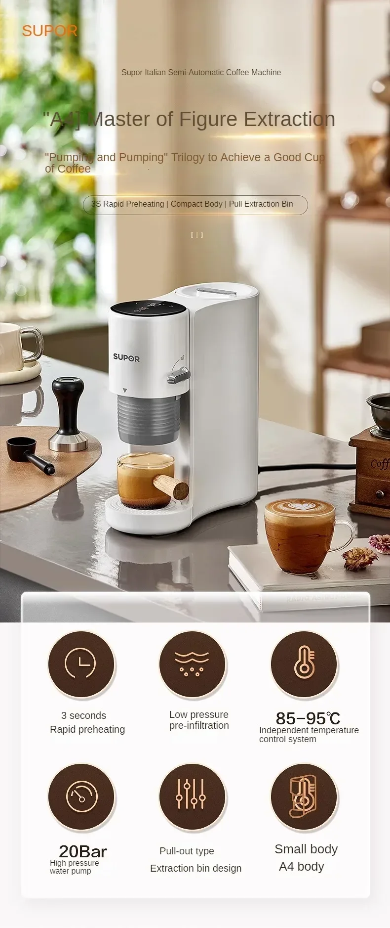 SUPOR Máquina de Café Semiautomática Home Office Espresso Italiano Americano Mini Máquina de Café Portátil 220v