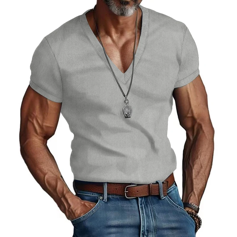 2024 Summer Men\'s Pocketless Solid V-neck T-shirt Short sleeved Top Slim Fit Casual Men\'s Sports Fashion Clothing