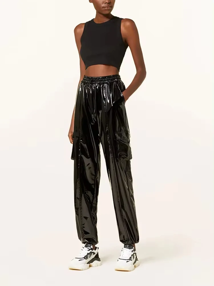 Women Shiny Faux Leather Cargo Casual High Waist Pants Ladies Glossy PU Leather Drawstring Elastic Waistband Bottom Hem