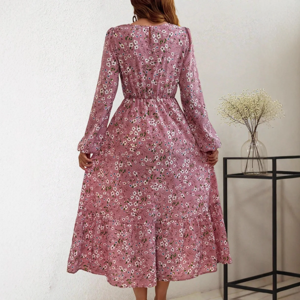 Vielseitiger Frühlings-Sommer-Damenrock mit Rundhalsausschnitt, Vestido De Festas, elegante Blumenmuster, lange Ärmel, Taille, A-Linie, Strandurlaubskleid