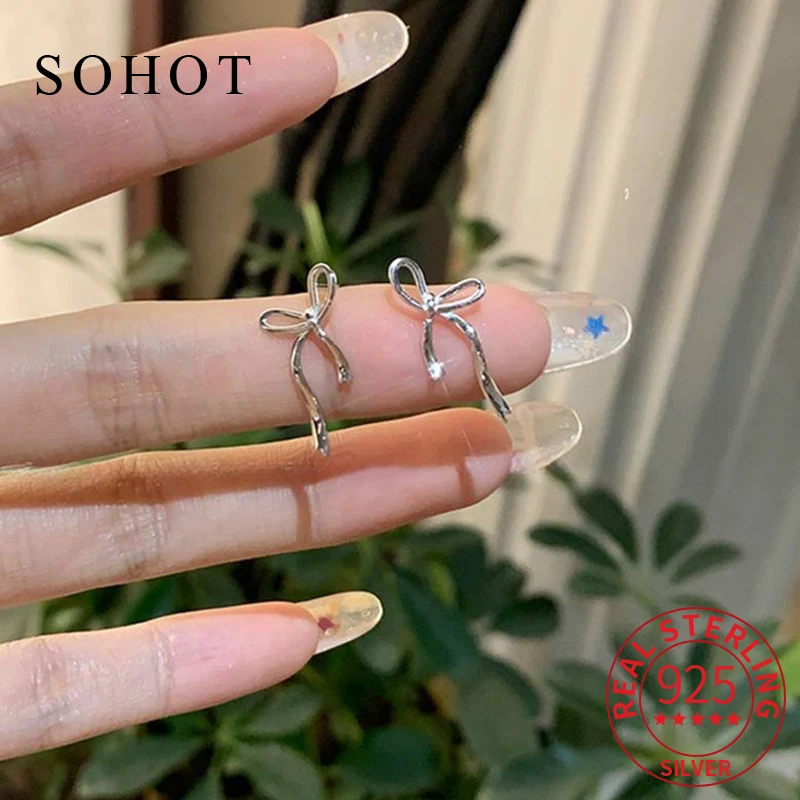 

Real 925 Sterling Silver Zircon Hollow Exquisite Bowknot Mini Stud Earrings for Women Cute Fine Jewelry Minimalist Accessories