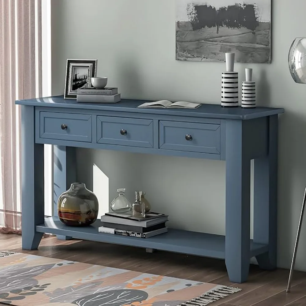 55in Long Sofa Console Table with 3 Storage Drawers and Bottom Open Shelf, Wooden Side Table  (Blue)