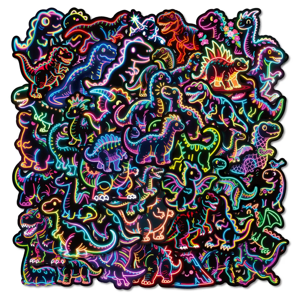 56Pcs New Neon Dinosaur Cartoon Doodle Stickers, Colorful Dinosaur Non‑repeat Decals for DIY Aesthetic Giajar Sticker Store