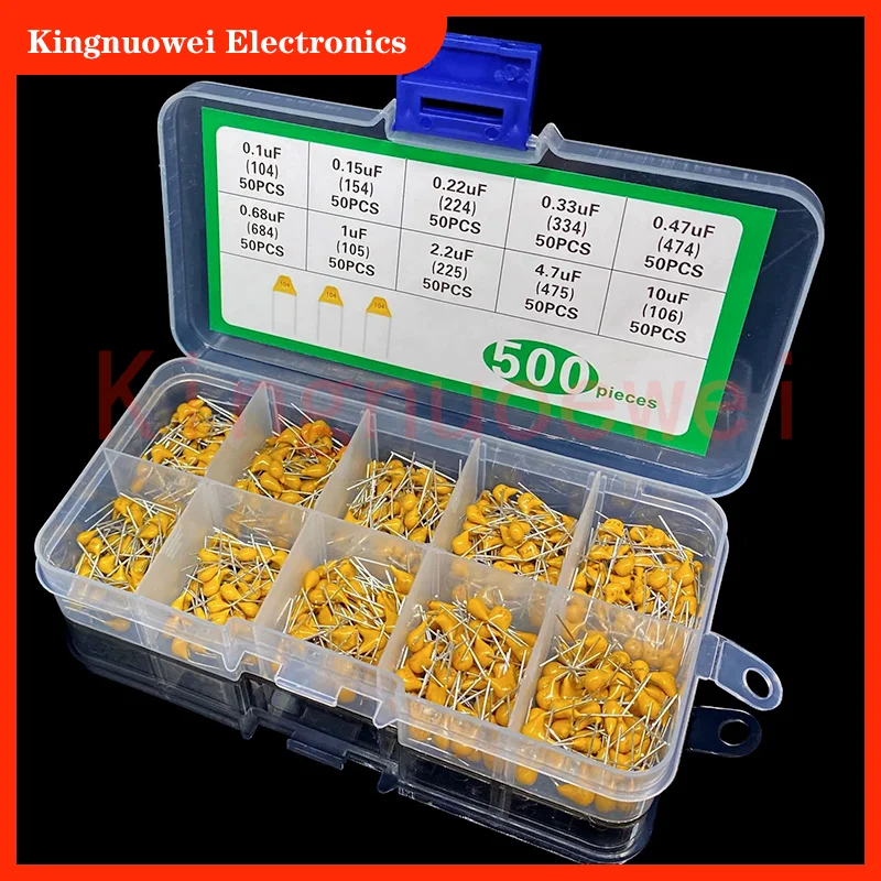 500pcs 10value Monolithic Ceramic Capacitor Kit 0.1uf 0.15uf 0.22uf 0.33uf 0.47uf 0.68uf 1uf 2.2uf 4.7uf 10uf