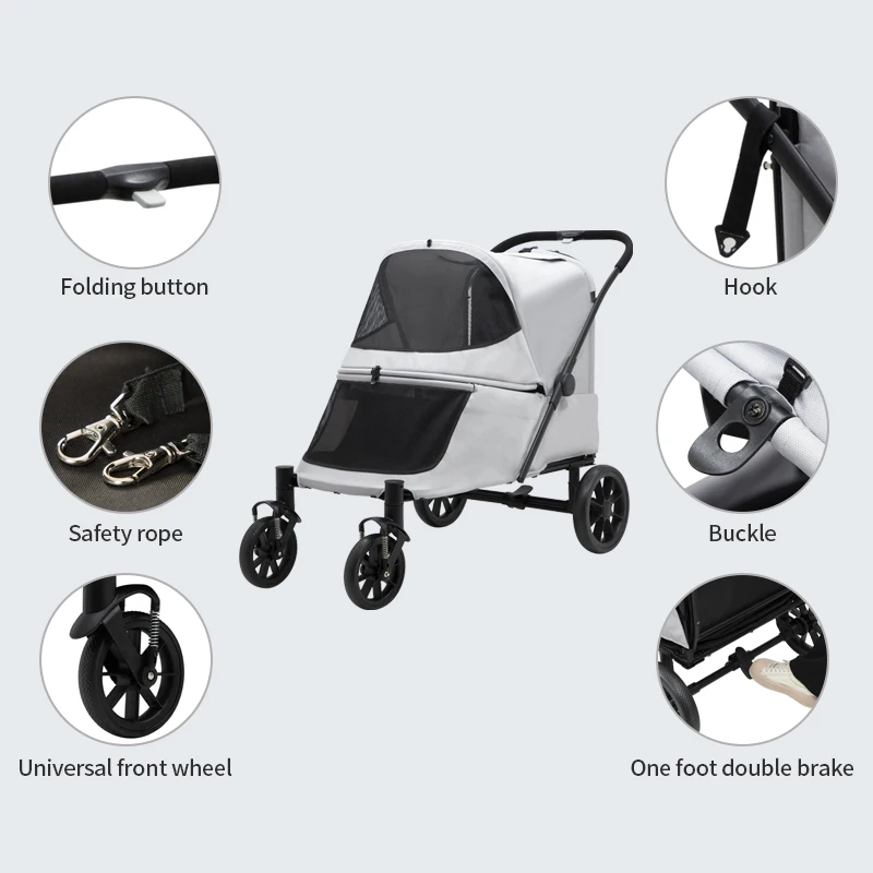 Легко складывающаяся коляска для домашних животных с двойным входом, коляска для средних и больших собак с окном и одним ножным тормозом