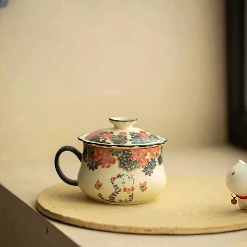 200ml Handcrafted Gold-embellished White Cat Filter Tea Separator Cup Vintage Tea Mug With Infuser Tea Brewing Office Water Cup