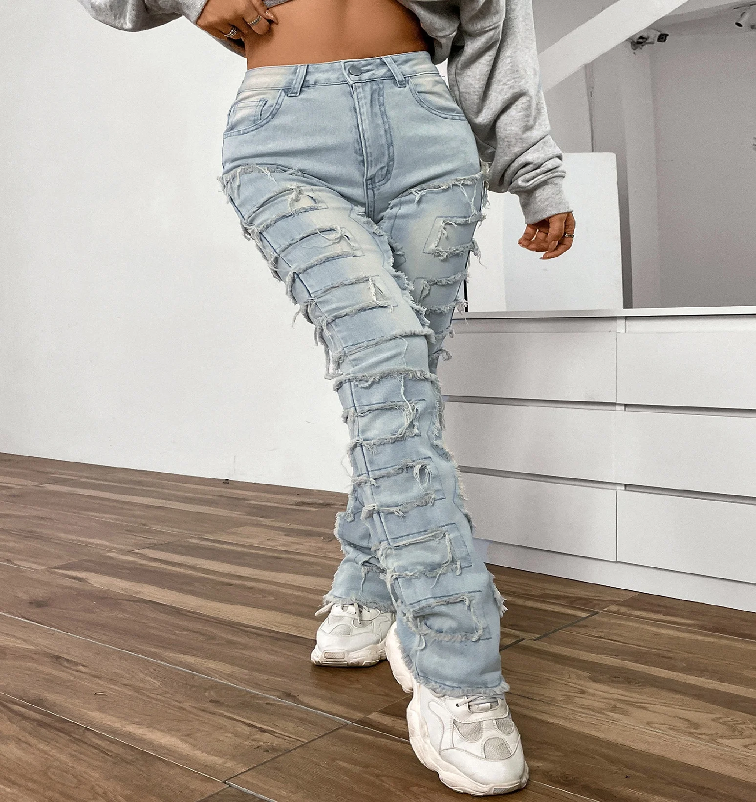 Women Jeans Denim Straight Pants Spliced Patchwork High Street Slim Fit Pockets Mid Waist Washing Zipper Slight Srech 2024