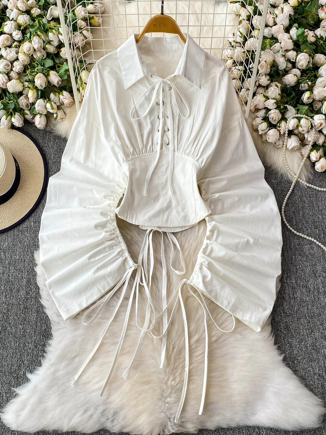 

2025 Новый дизайн, женский irt ort Flared Sve Tie Waist Slim Fit, корейский Sle Commute Faion Long Sve Pure Color