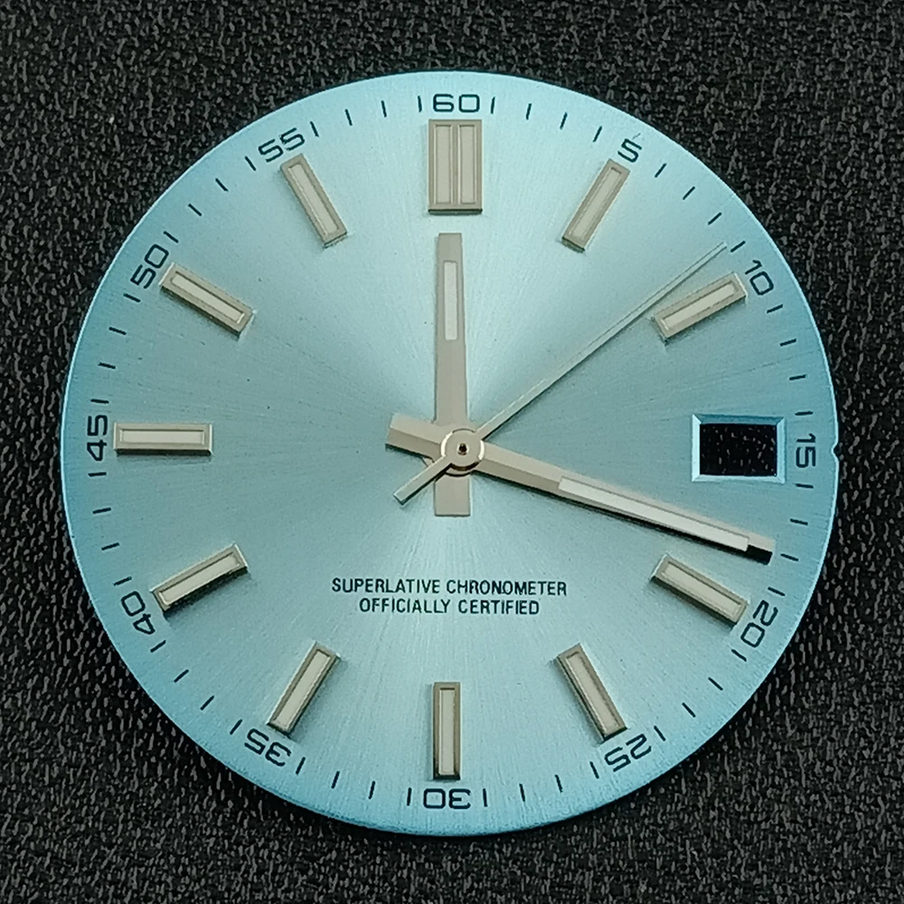 Mostrador de relógio masculino com logotipo personalizado, 28.5mm, mostrador luminoso azul, adequado para movimento nh35, acessórios de relógio