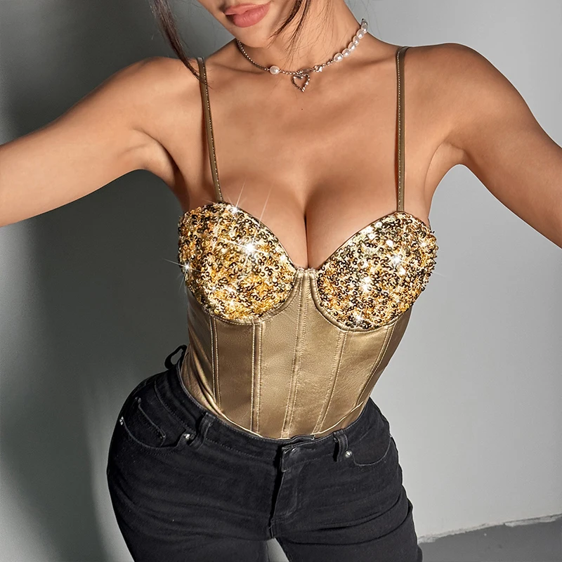 BKLD Women Party Club Sequined Patchwork Camisole Jumpsuit Sexy Low-cut Neck Body-shapeing Backless Slim Fit Satin Bodysuit Tops