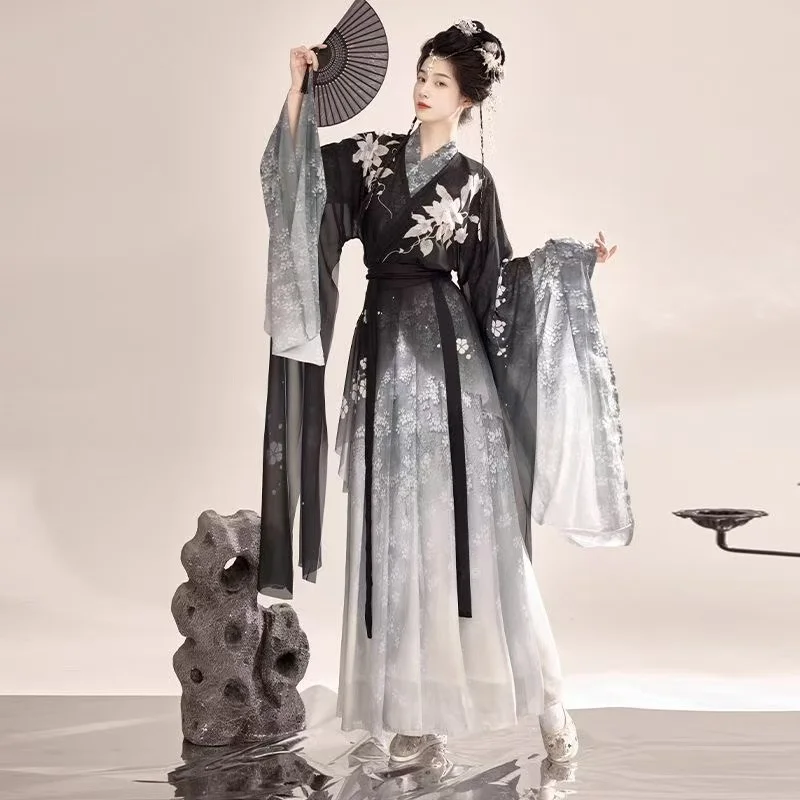 Niche Floral Hanfu Dress Women Traditinoal Weijin Period Cross Collar Printing Costume Cool Swordsman Cosplay Clothing Autumn