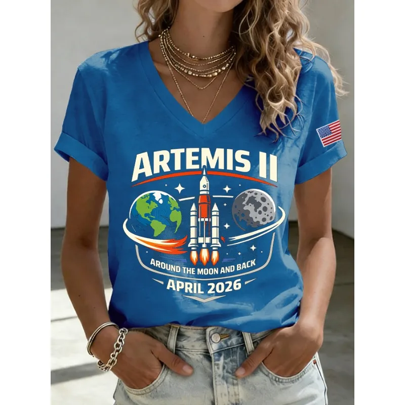 Women's Artemis II Around The Moon And Back Print T-Shirts Summer Short Sleeve V Neck Tops Casual Loose Tees