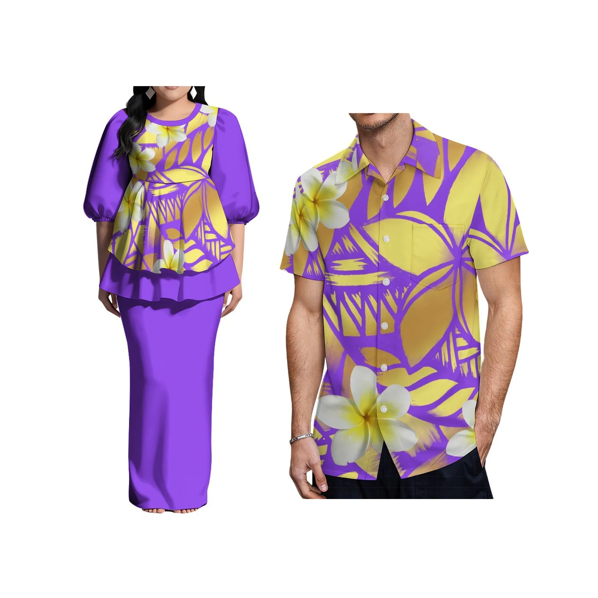 تصميم مخصص فستان أبيض للسيدات Puletasi فستان ساموا مطبوع بولينيزيا منتفخ نصف كم طويل ماكسي فستان بفتحة خلفية 2 قطعة