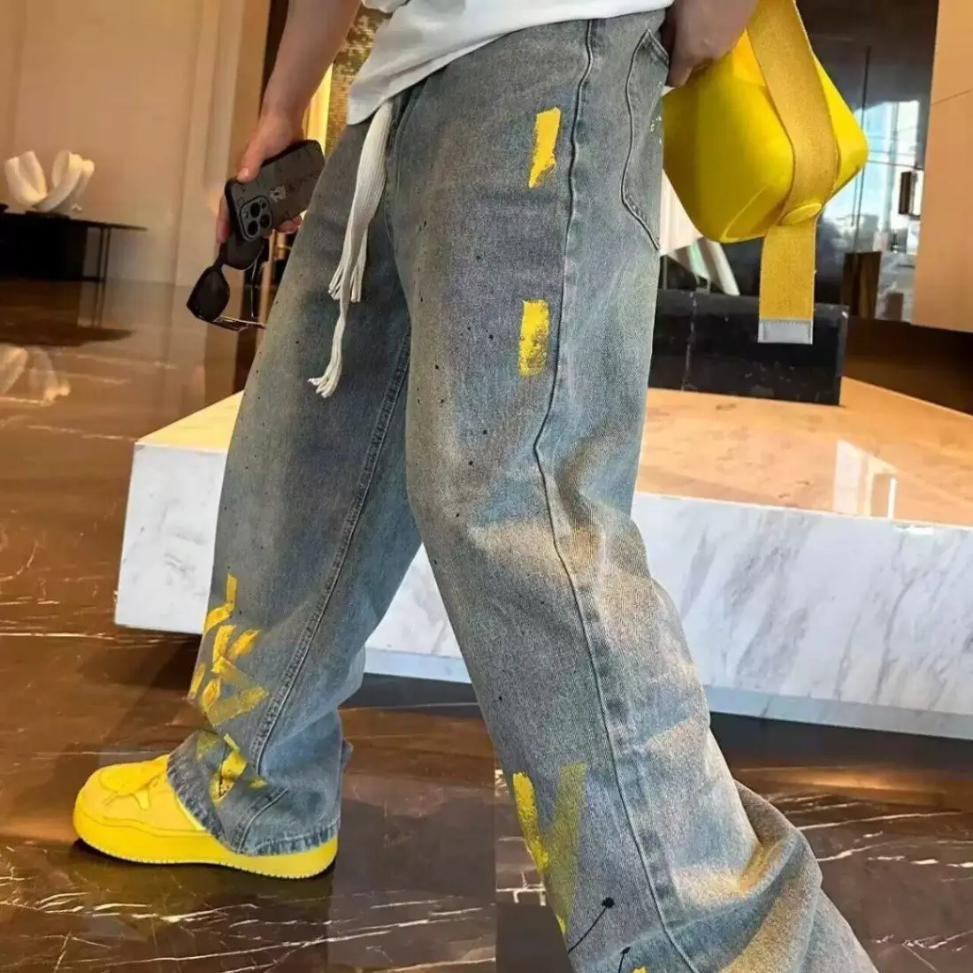 New Washed Jeans for Autumn Winter Men Hand-painted Inkjet Print Fashionable and Versatile Old Casual Straight Pants JJ1304
