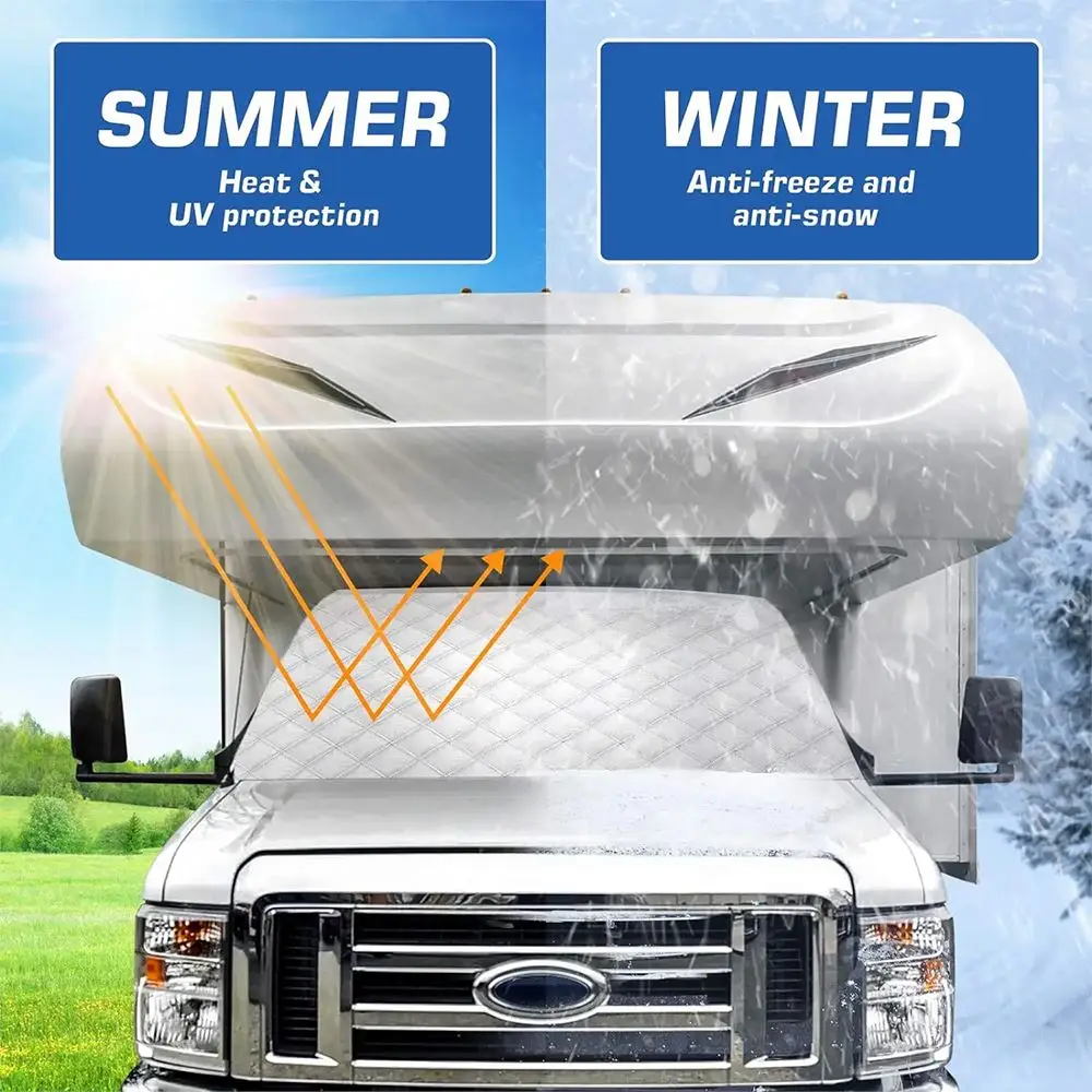 For Class C Ford 1997-2022 Motorhome RV Windshield Sunshade Cover Front Wind Shield Snow Covers 4 Layers With Mirror Cutouts