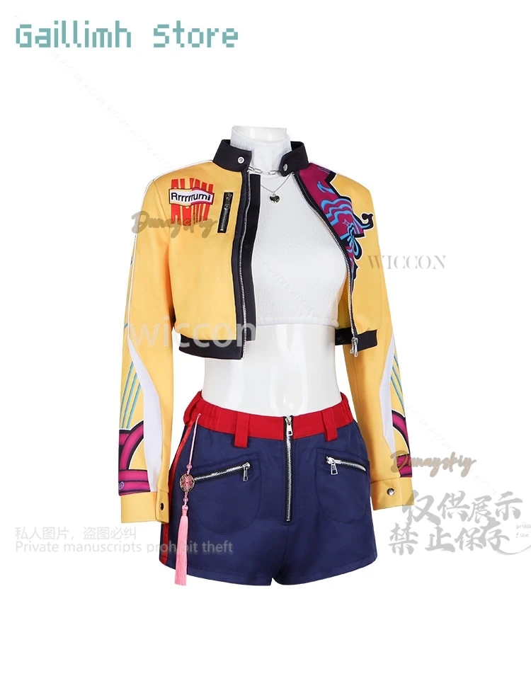 Rumi kpop menina grupo cosplay anime filme demônio cantando traje amarelo punk y2k casaco calças curtas perucas longas festa de halloween cos