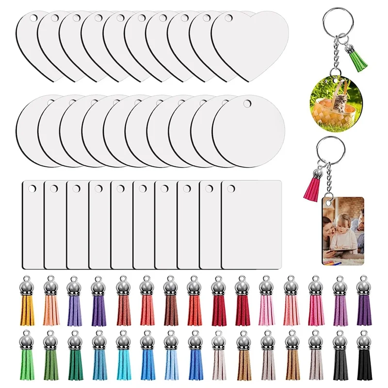 Sublimation Key Ring Blanks Set with Heat Transfer MDF Blank 3 Shapes Tassels Pendant Jump Rings Key Ring with Chain