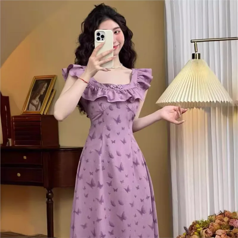 

Spring And Summer French Style Ruffled Purple Butterfly Design Square Collar High-end Suspender Dress Women's New Style 2024