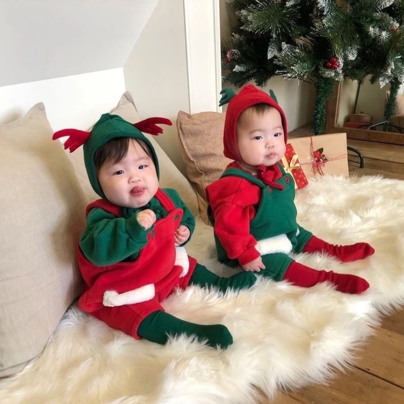 Christmas Baby Romper Plus Fleece Two Pieces Jumpsuits Kids Boutique Designer Costume Infant Newborn Cartoon Printed Clothes