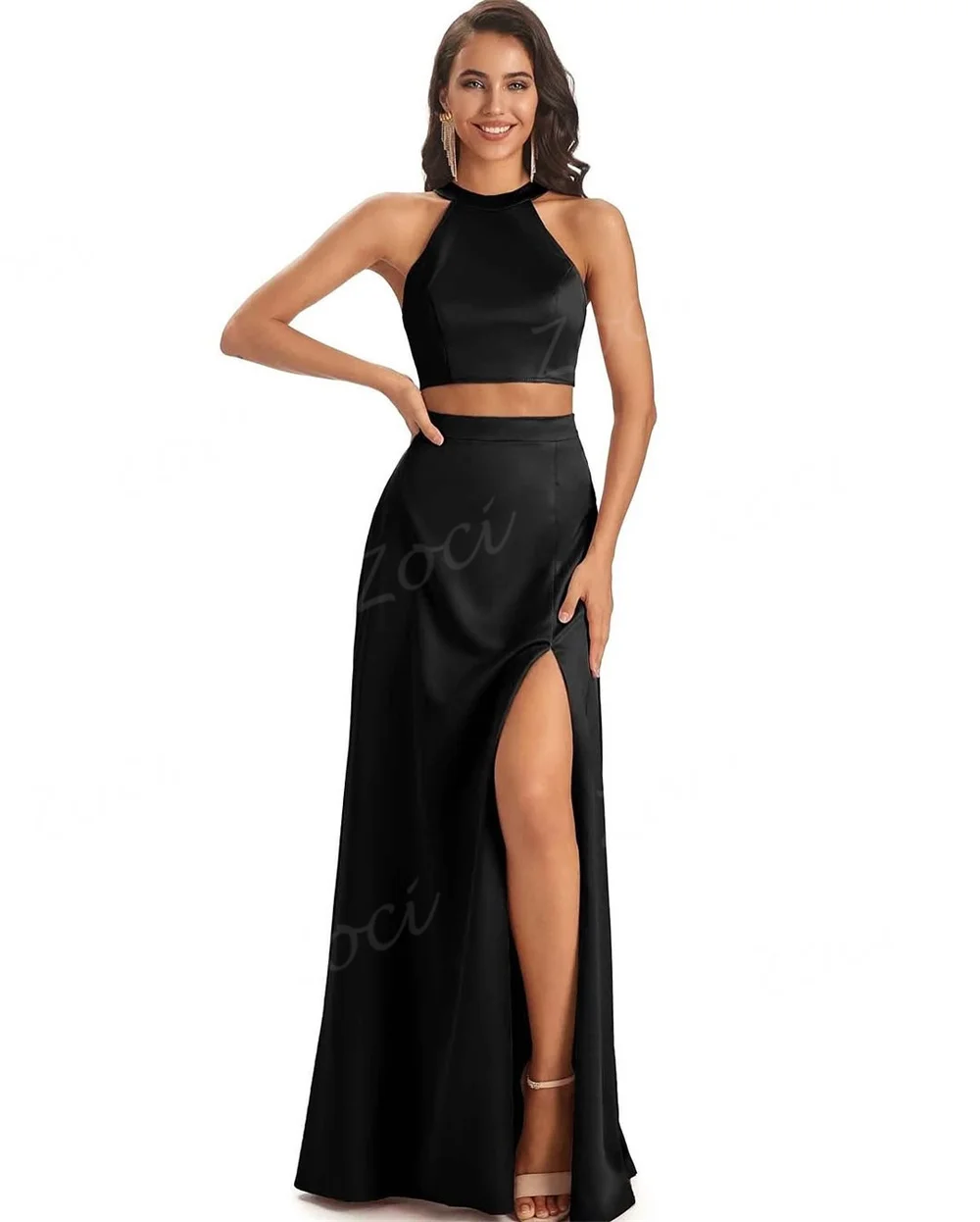 Zoci 2 w 1 Czarne sukienki na studniówkę 2025 Spersonalizowana satynowa długa suknia wieczorowa z wysokim rozcięciem Seksowna sukienka na imprezę bez ramiączek