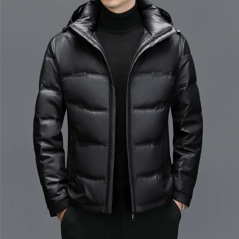 ZDT-8054 Winter New Men's Sheepskin Short Hooded White Duck Down Casual Down Jacket Warm And Thick Genuine Leather Jacket