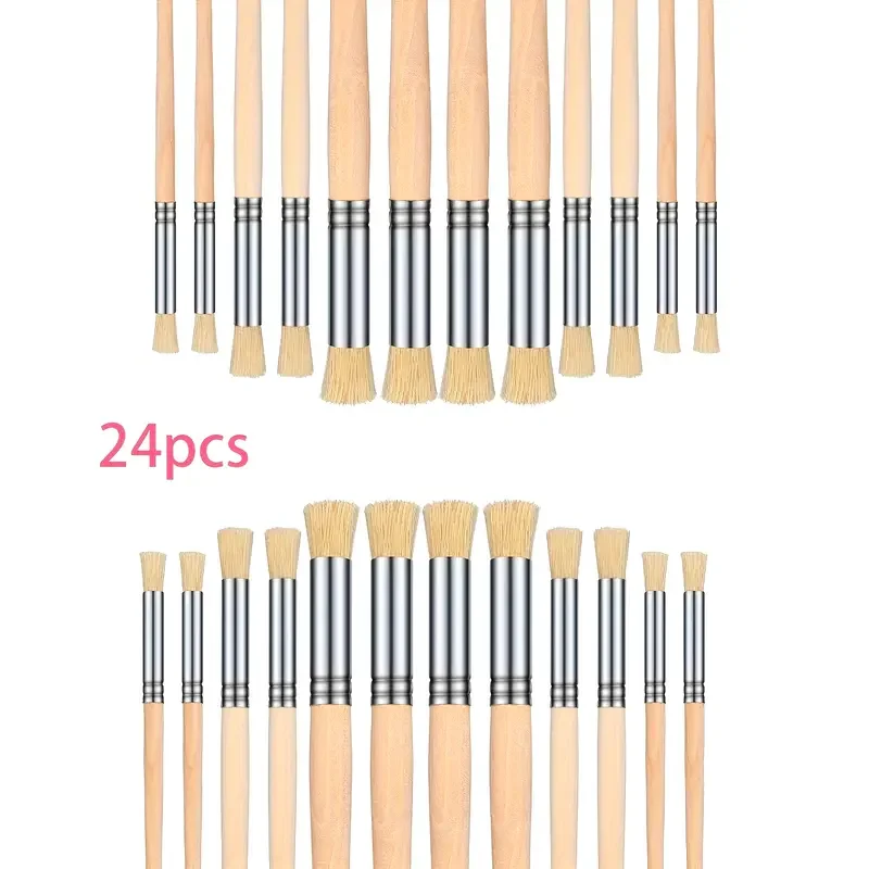 24pcs Stencil Paint Brushes Set Bristle Hair Wooden Handle Perfect for DIY Crafts Watercolor, Oil, and Acrylic Painting